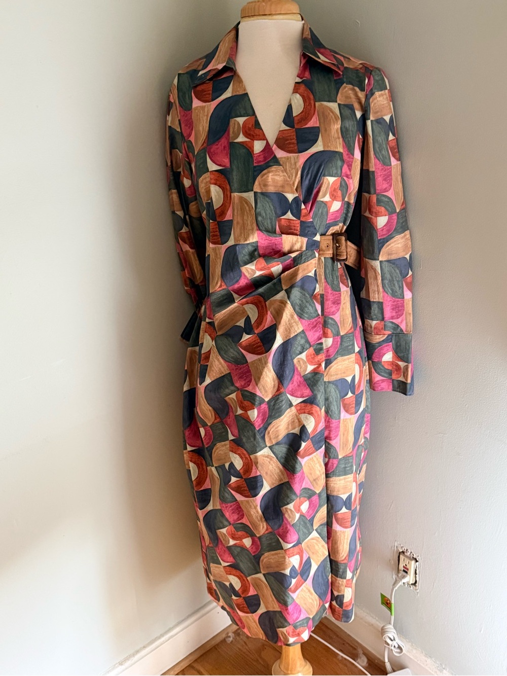 J. McLaughlin Multicolor Geometric Wrap Midi Dress with faux suede belt